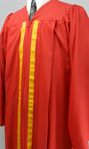 Red souivenir cap and gown with 2 gold stripes by University Cap & Gown