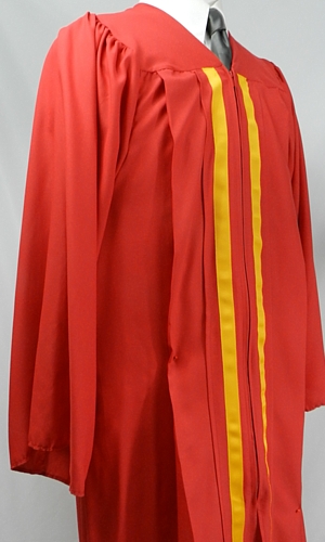 Red souivenir cap and gown with 2 gold stripes by University Cap & Gown